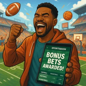 A vibrant, action-packed scene featuring a confident sports bettor (a diverse, relatable figure) celebrating a win, with a smartphone or tablet displaying a sportsbook app interface in the foreground.