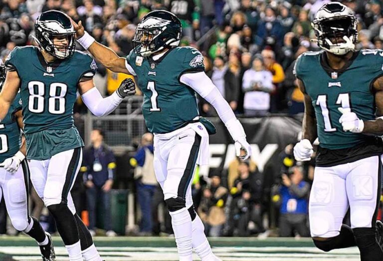 Philadelphia Eagles players QB Jalen Hurts. TE Dallas Goedert, WR AJ Brown.