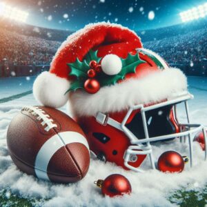 NFL Christmas Day football 2025, snow on the filed and a decorated helmet with an NFL football